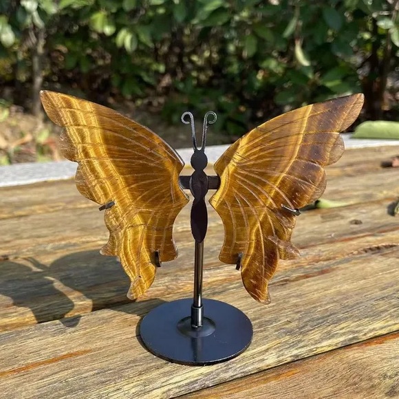 🆕New Healing Tiger Eye Butterfly Wings with Stand-Hand Carved Decor - Picture 4 of 7